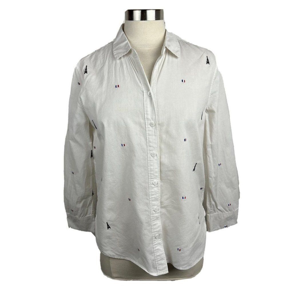 Equipment Shirt S Womens White Paris Eiffel Tower Button Front Leema Embroidered